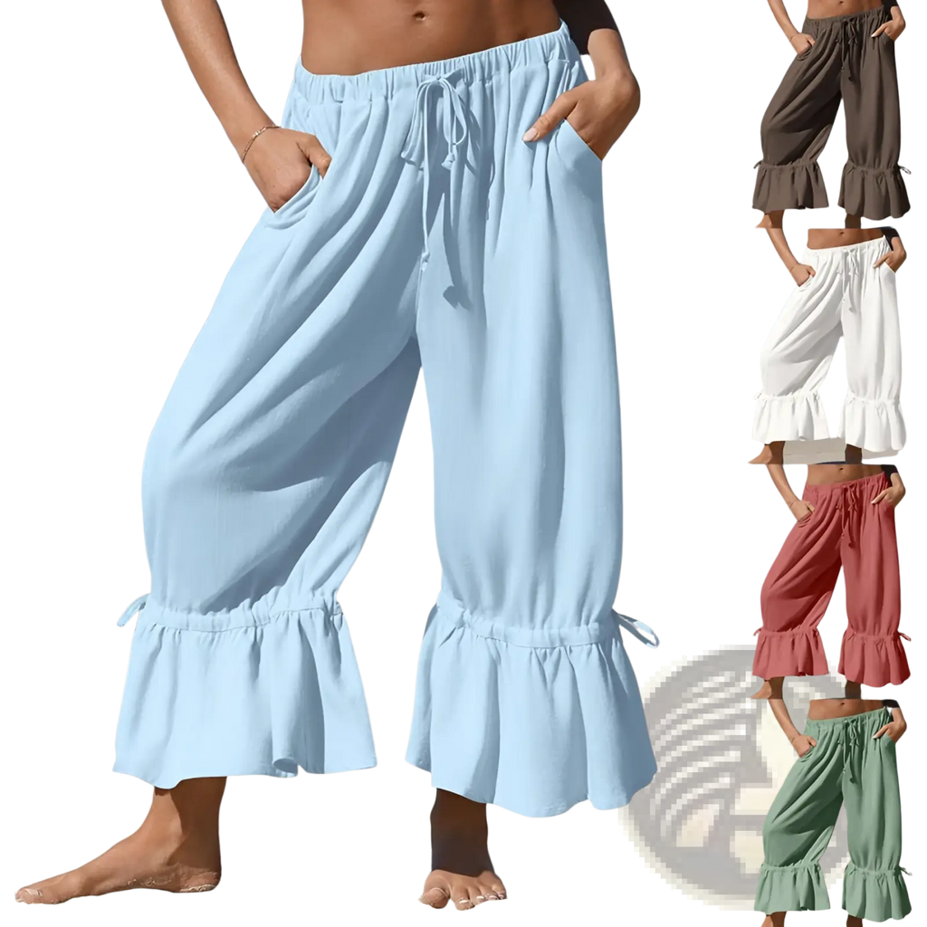 Light blue linen wide leg pants with ruffled cuffs and a drawstring waist for a flowy comfortable fit