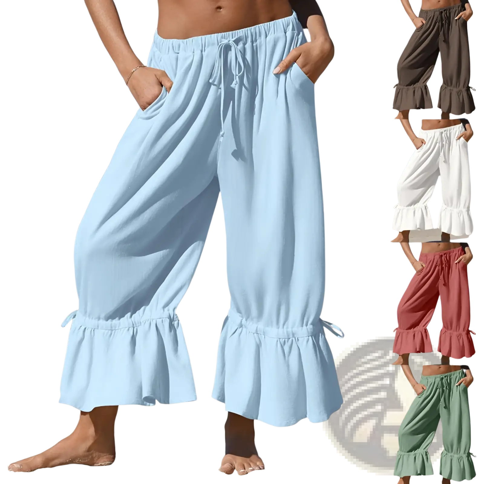 Light blue linen wide leg pants with ruffled cuffs and a drawstring waist for a flowy comfortable fit