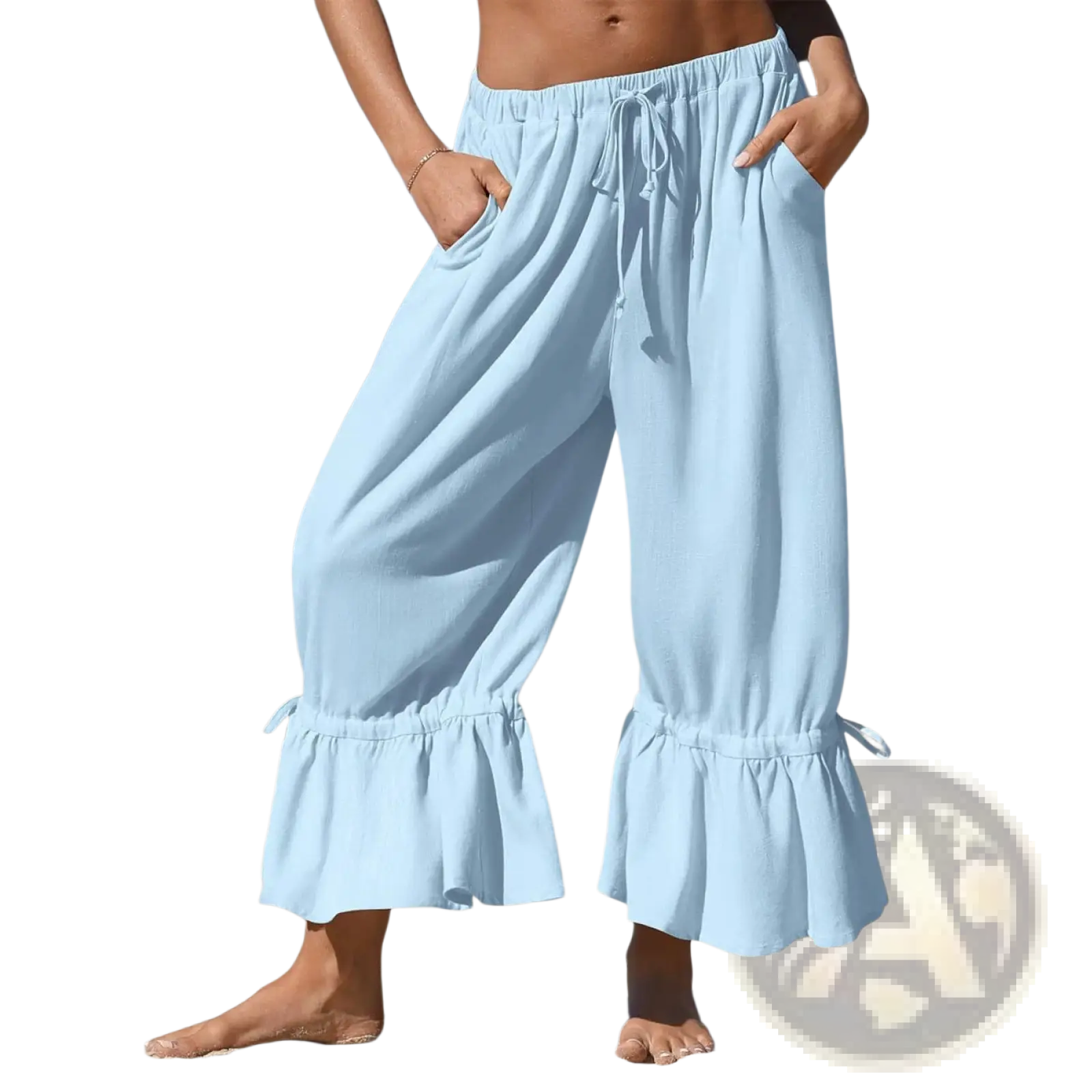 Light blue linen wide leg pants with ruffled cuffs and drawstring waist for a comfortable stylish look