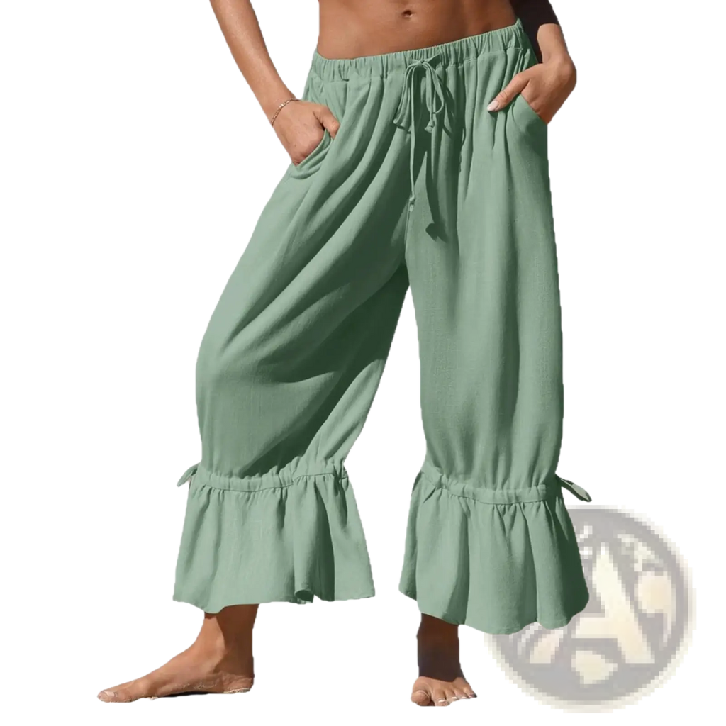 Linen ruffled drawstring wide leg pants in mint green with ruffled cuffs and a drawstring waist