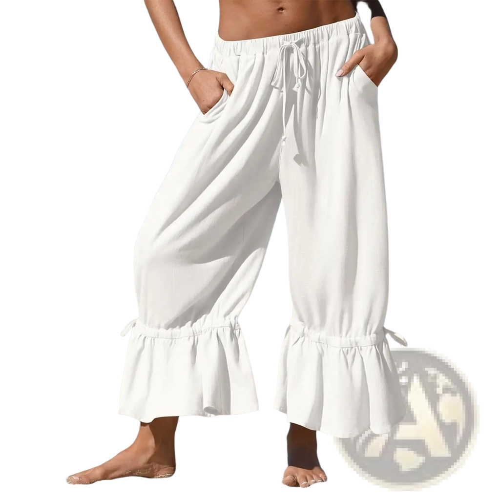 White flowing linen ruffled drawstring wide leg pants with cuff details and adjustable waist for comfortable wear