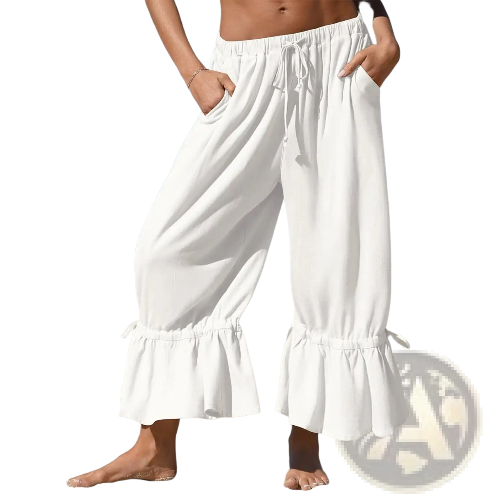 White flowing linen ruffled drawstring wide leg pants with cuff details and adjustable waist for comfortable wear