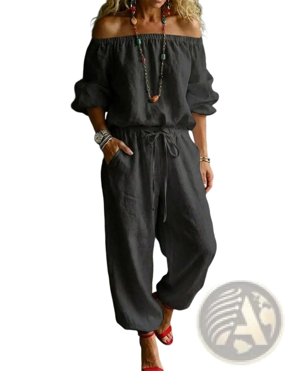 Dark gray linen off-shoulder jumpsuit set with drawstring waist and relaxed fit for comfortable stylish wear