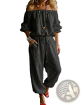 Dark gray linen off-shoulder jumpsuit set with drawstring waist and relaxed fit for comfortable stylish wear