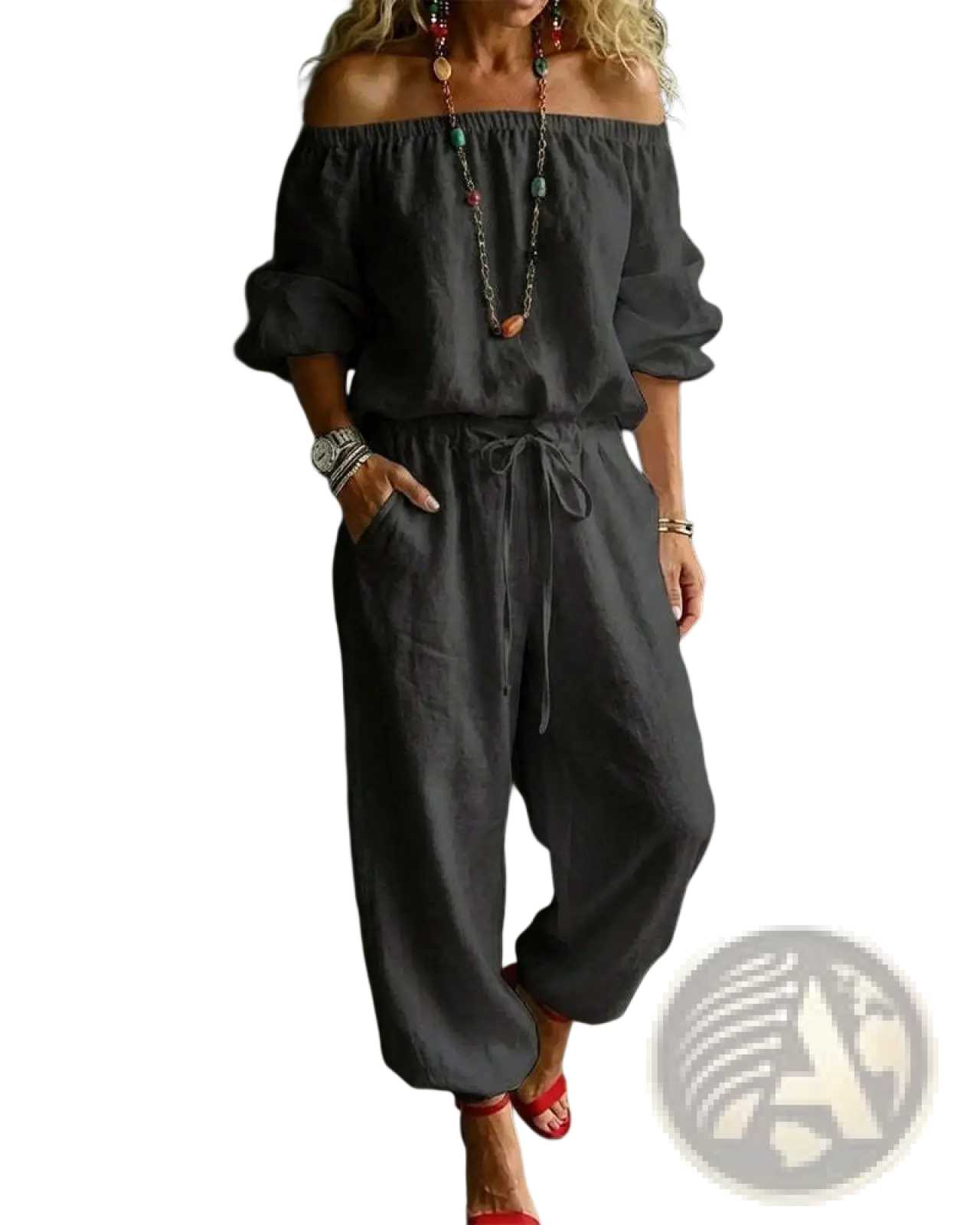 Dark gray linen off-shoulder jumpsuit set with drawstring waist and relaxed fit for comfortable stylish wear