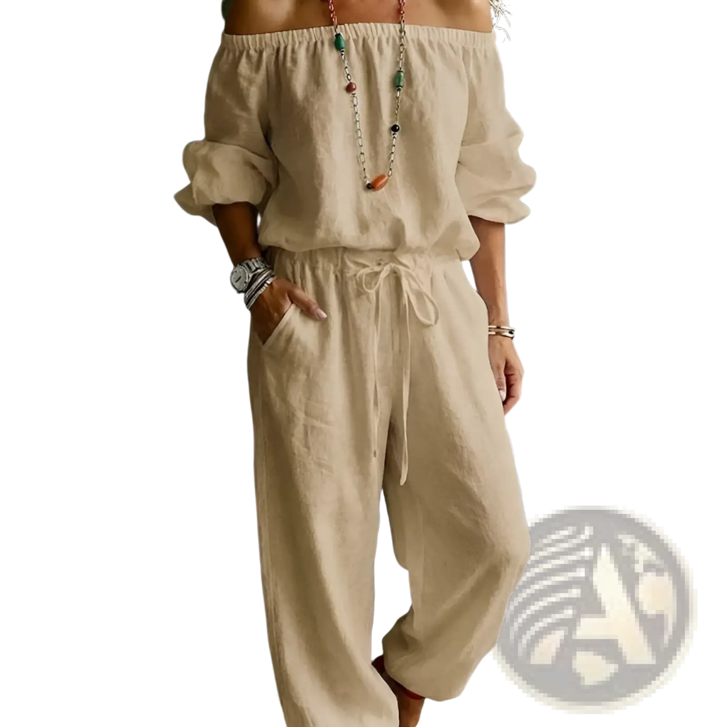 Beige linen off-shoulder jumpsuit set with elasticized waist and drawstring tie for a stylish casual look