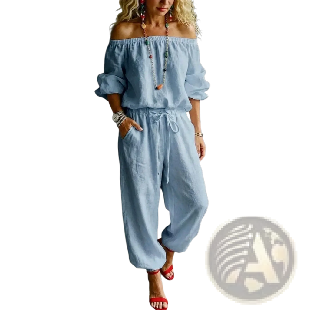 Light blue linen off-shoulder jumpsuit with rolled sleeves and drawstring waist from linen off-shoulder jumpsuit set