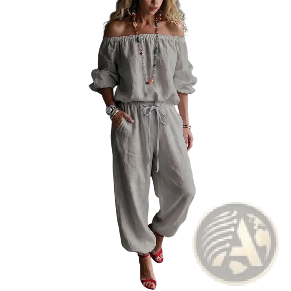 Light gray linen off the shoulder jumpsuit set with drawstring waist and loose tapered legs for casual wear