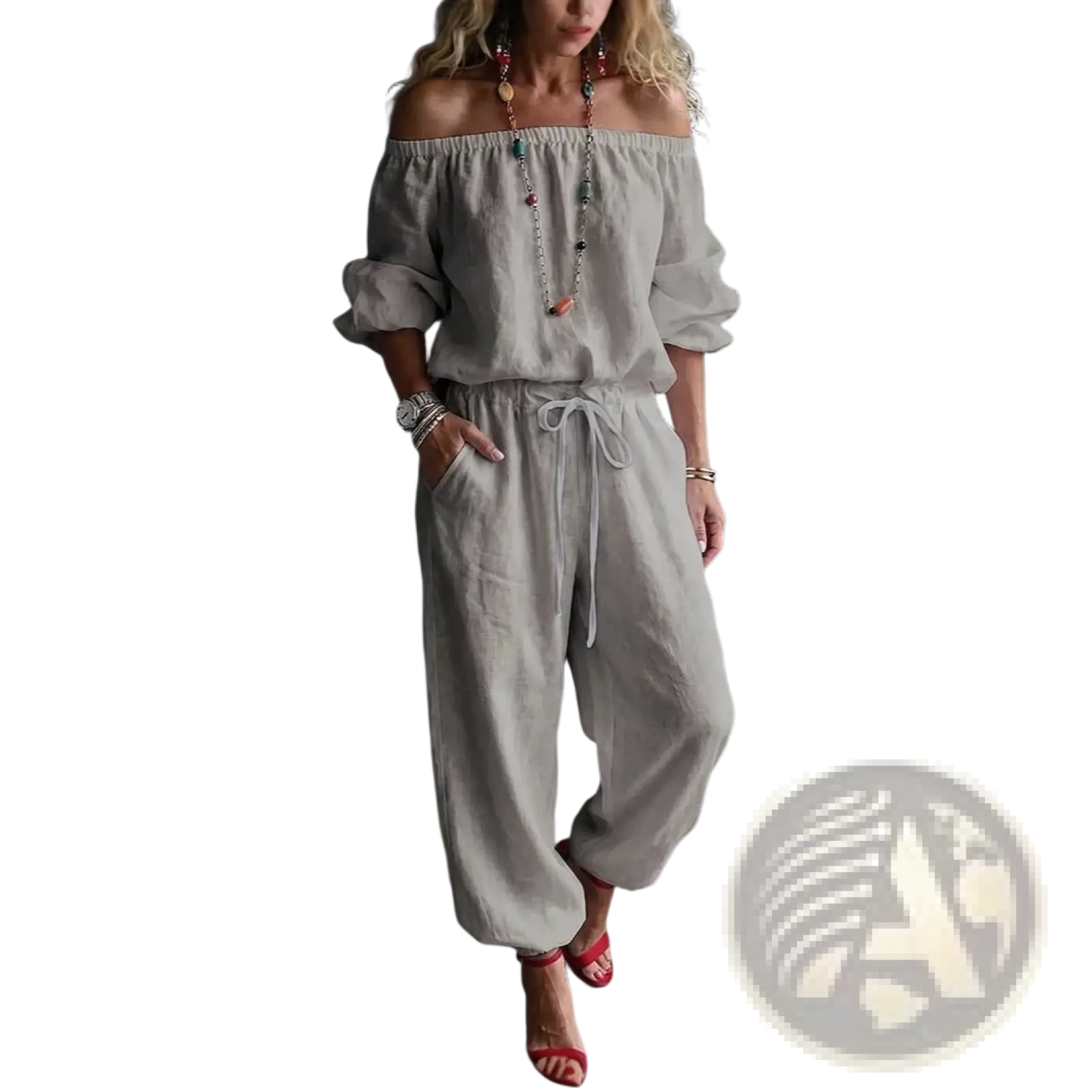 Light gray linen off the shoulder jumpsuit set with drawstring waist and loose tapered legs for casual wear