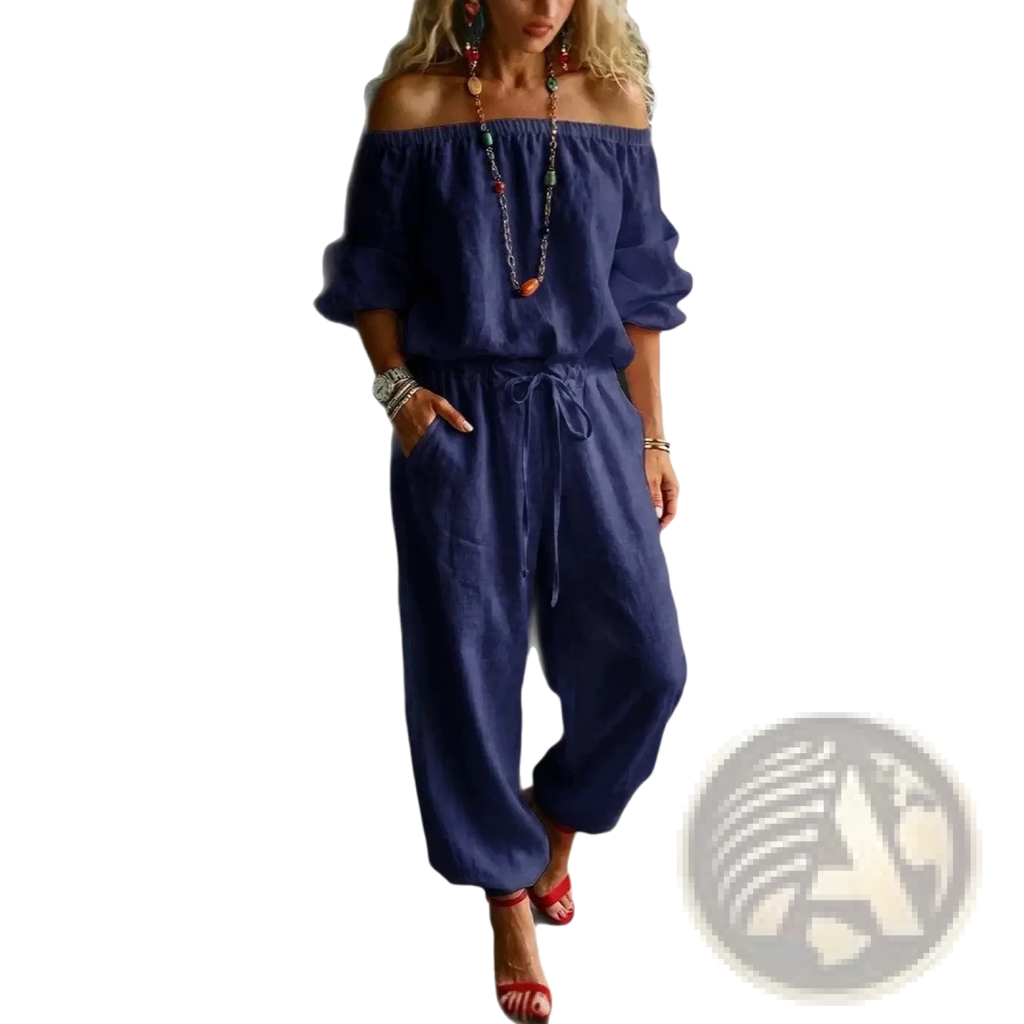 Navy blue linen off-shoulder jumpsuit set with drawstring waist and loose fit for comfortable casual wear