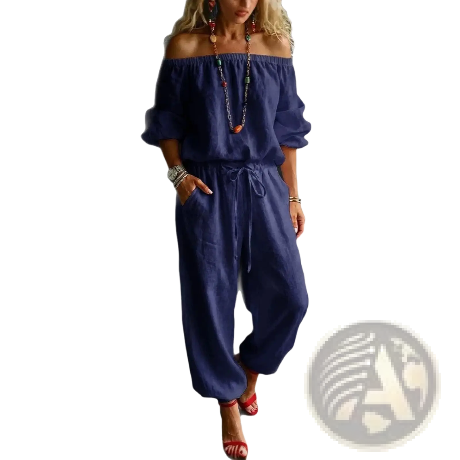 Navy blue linen off-shoulder jumpsuit set with drawstring waist and loose fit for comfortable casual wear