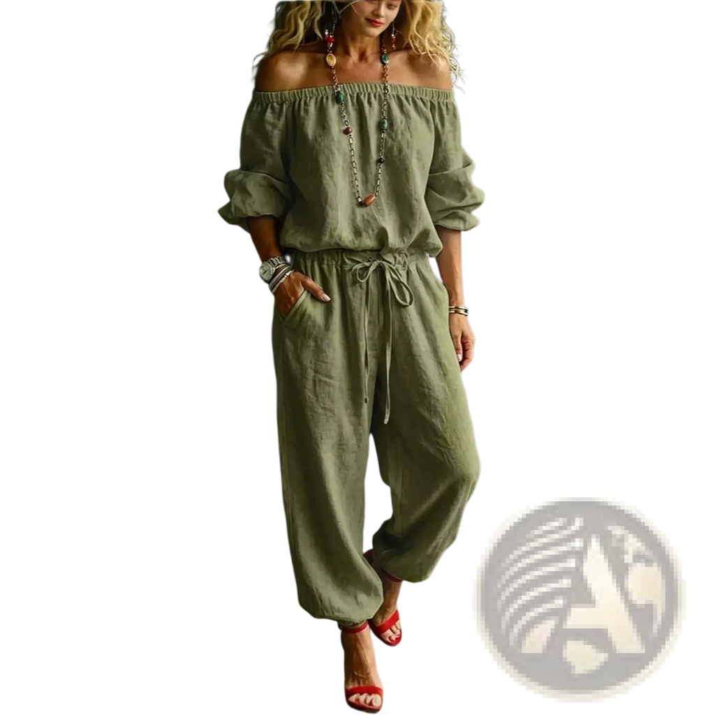 Olive green off-the-shoulder linen jumpsuit set with drawstring waist and rolled cuffs in breathable linen fabric