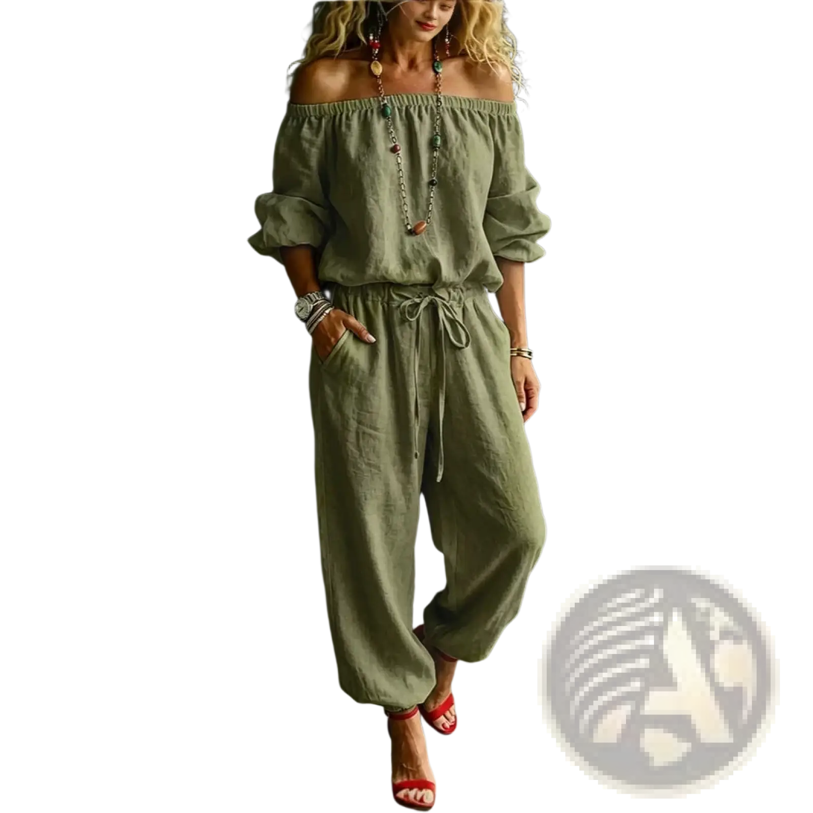 Olive green off-the-shoulder linen jumpsuit set with drawstring waist and rolled cuffs in breathable linen fabric