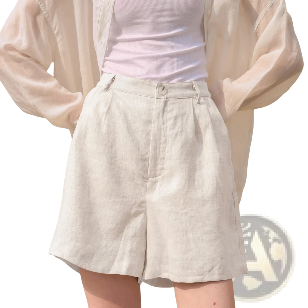 Beige linen trousers loose fit casual pants with high waist and pleated front for comfortable everyday wear