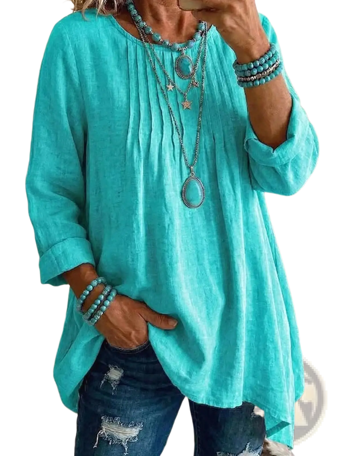 Turquoise linen tunic loose casual long sleeve top with rolled-up sleeves and slightly asymmetrical hemline