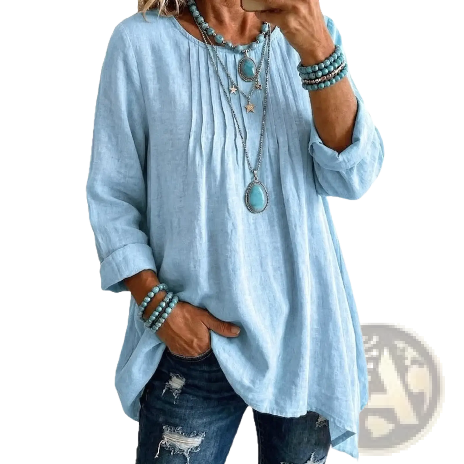 Light blue loose casual long sleeve linen tunic top with rolled sleeves and pleated neckline