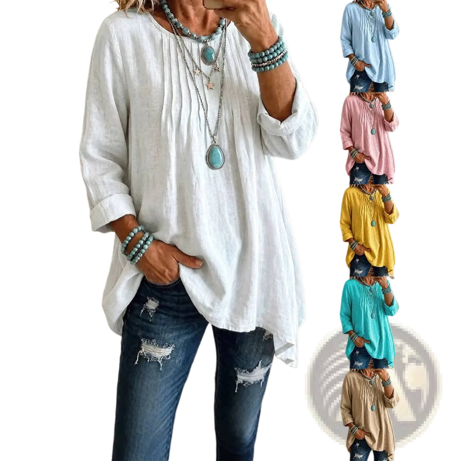 White linen tunic with rolled sleeves and relaxed fit casual long sleeve top for comfortable wear