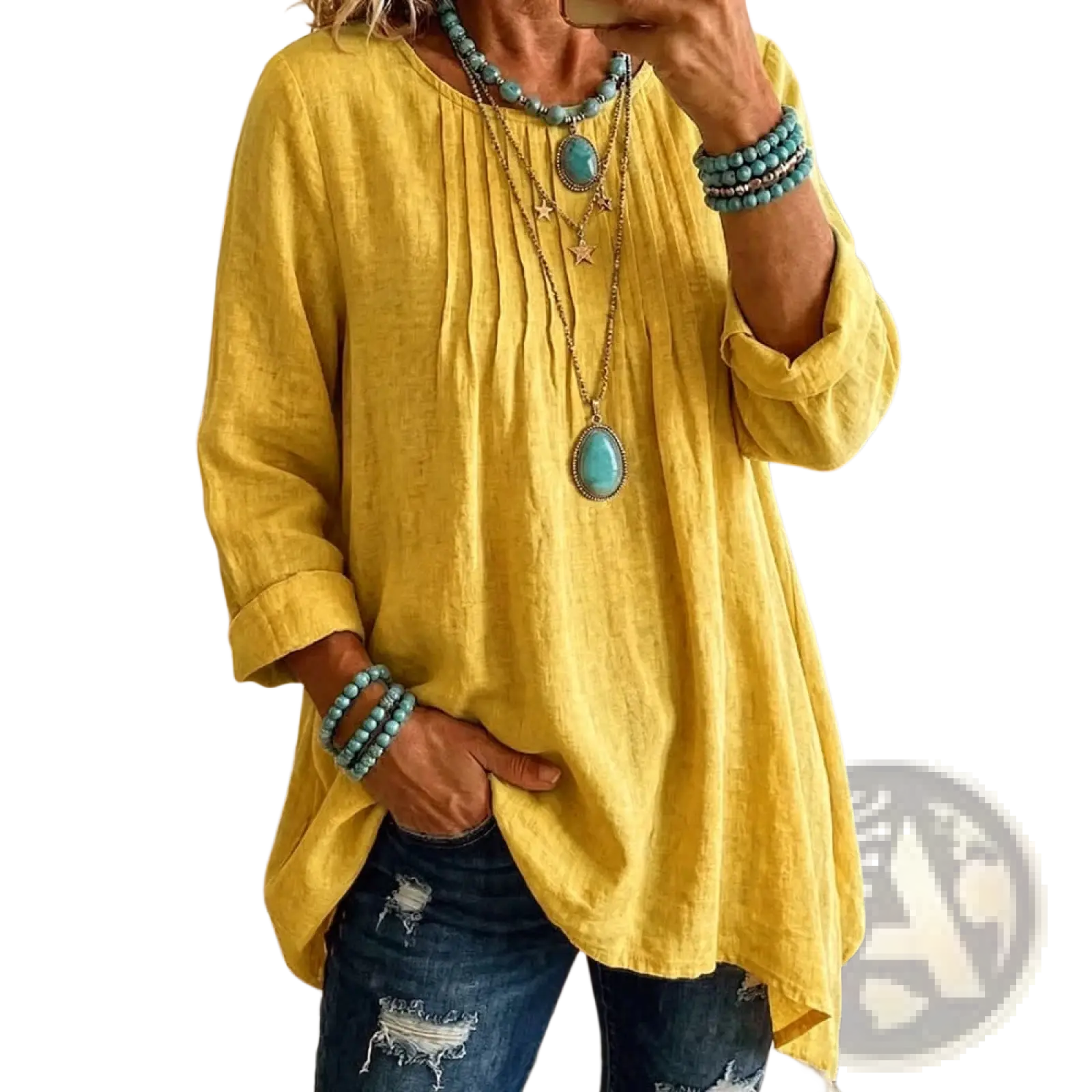 Yellow linen tunic with three quarter sleeves and relaxed slightly asymmetrical hemline for casual wear