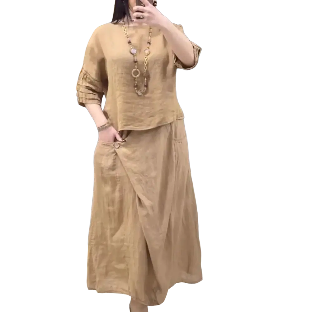 Beige linen two piece set with ruffled sleeves and asymmetrical midi skirt offering stylish delivery protection time