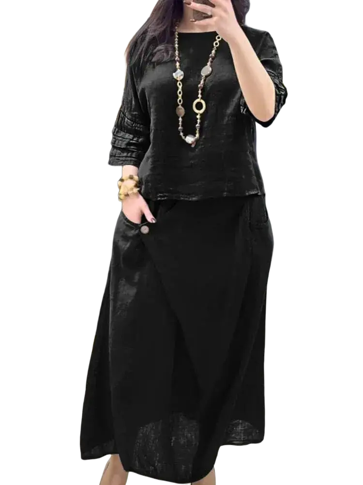 Black linen two piece set with textured blouse featuring ruffled sleeves and relaxed fit for casual wear protection time