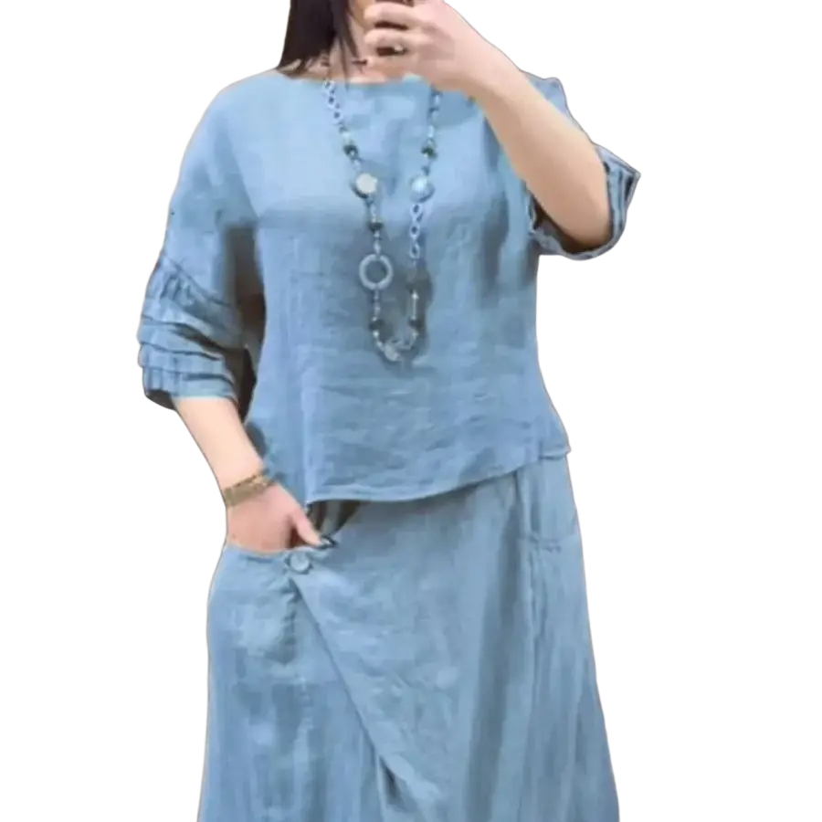 Light blue linen two piece set with ruffled sleeves and buttoned side pockets offering stylish delivery protection time
