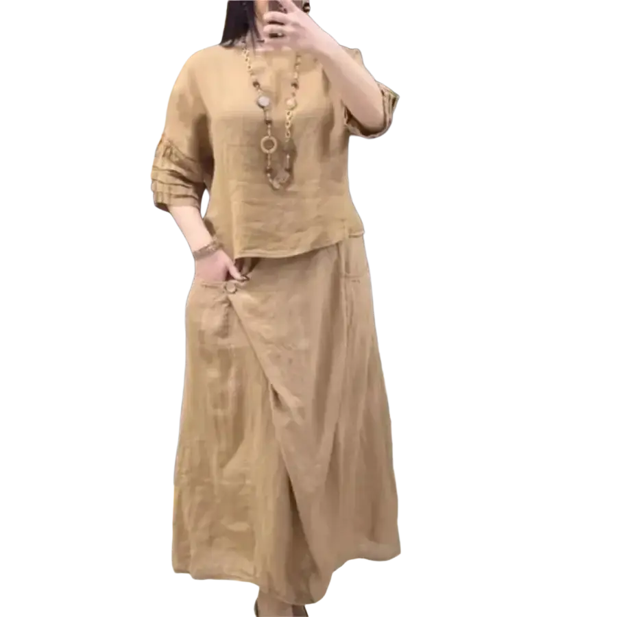 Tan linen two piece set with ruffled sleeves and draped midi skirt offering delivery protection time benefits