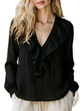 Black linen v-neck long-sleeve blouse featuring ruffles and a lightweight textured fabric perfect for elegant wear