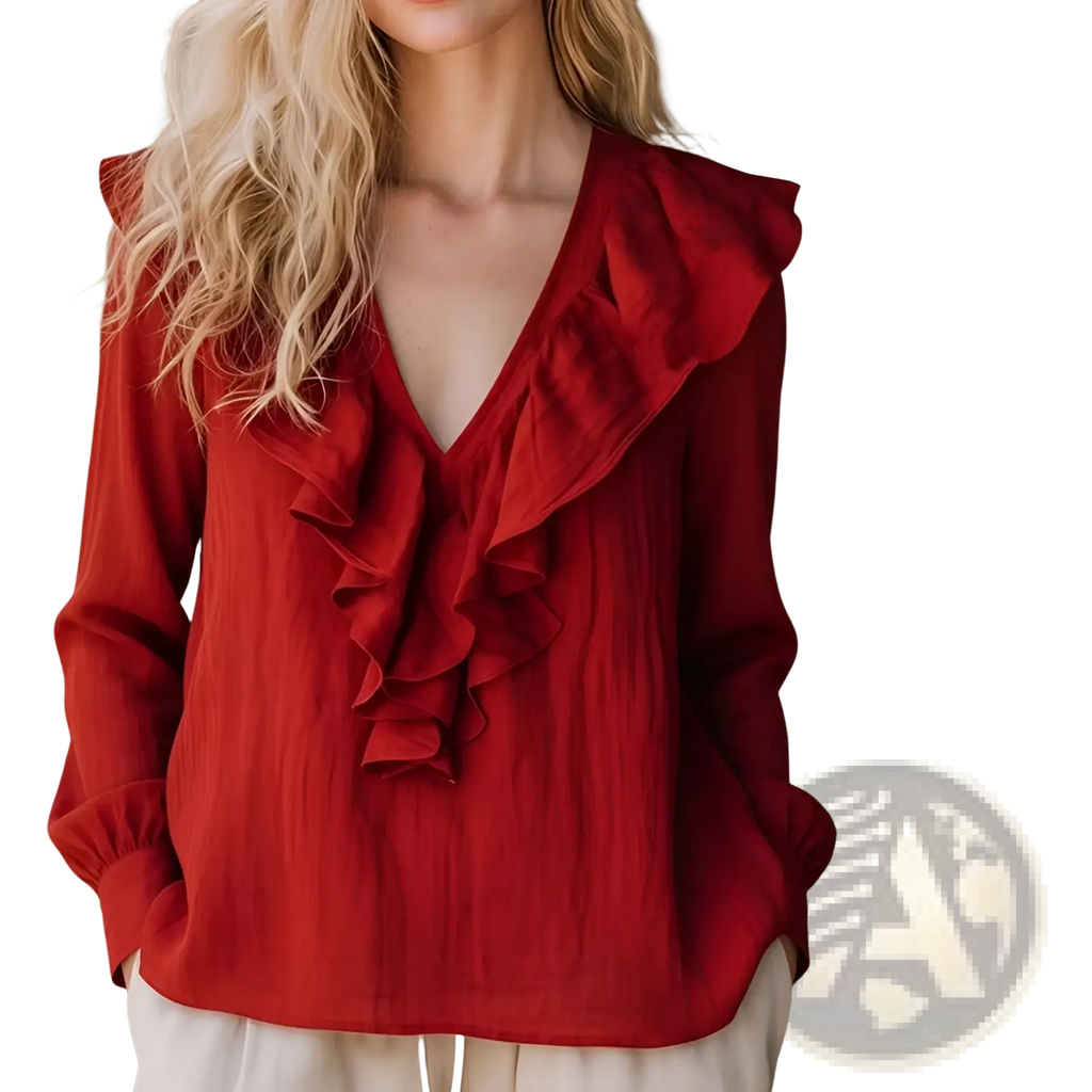 Red ruffled linen v-neck long-sleeve blouse made of lightweight fabric with elegant ruffle details