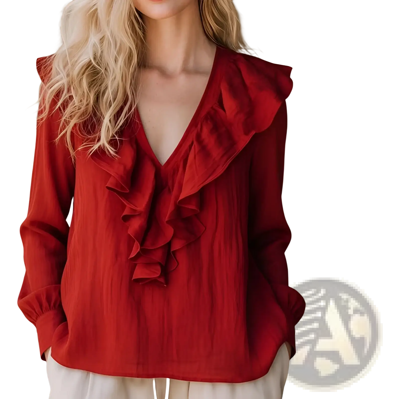 Red ruffled linen v-neck long-sleeve blouse made of lightweight fabric with elegant ruffle details