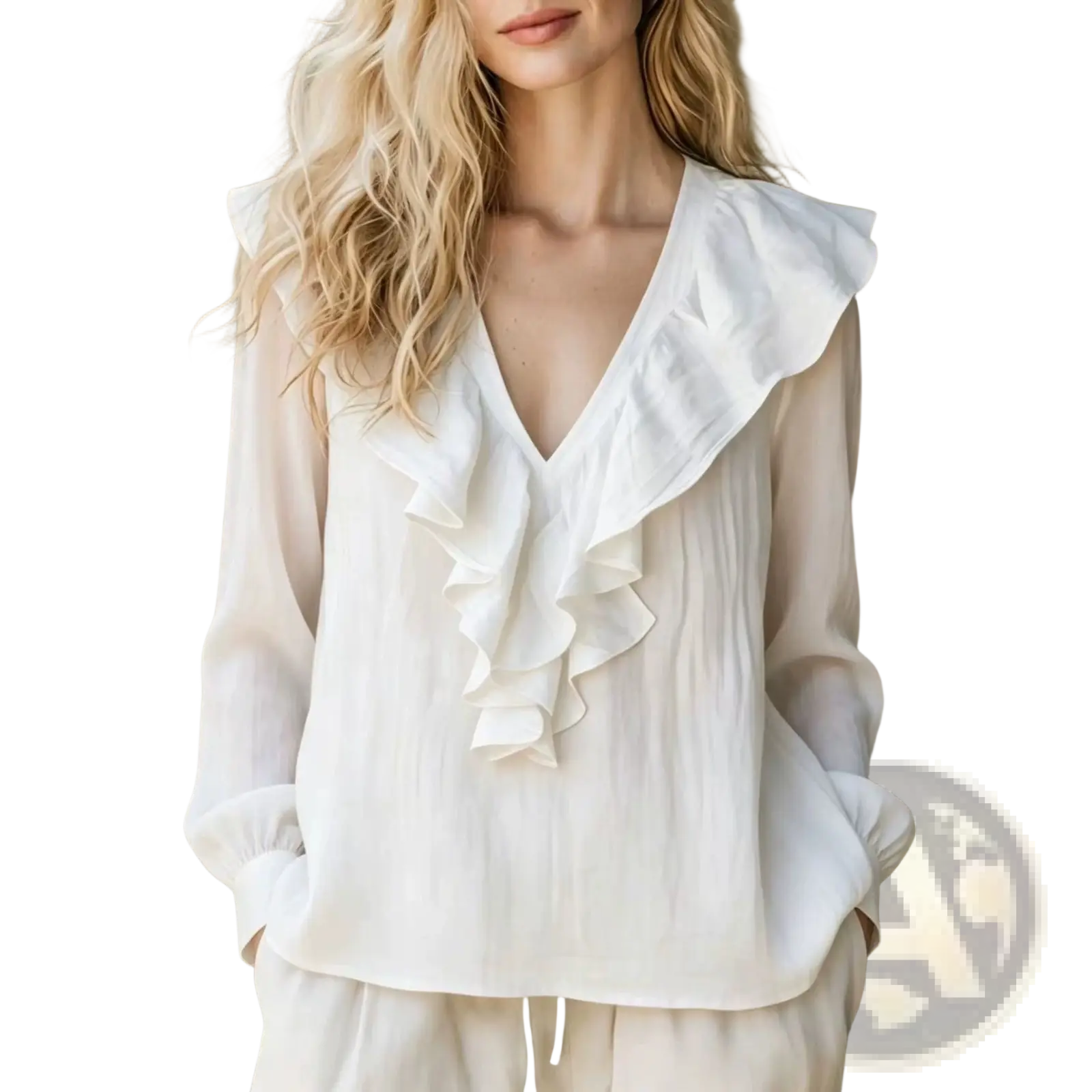 White linen v-neck long-sleeve blouse with delicate ruffled neckline in lightweight semi-sheer fabric