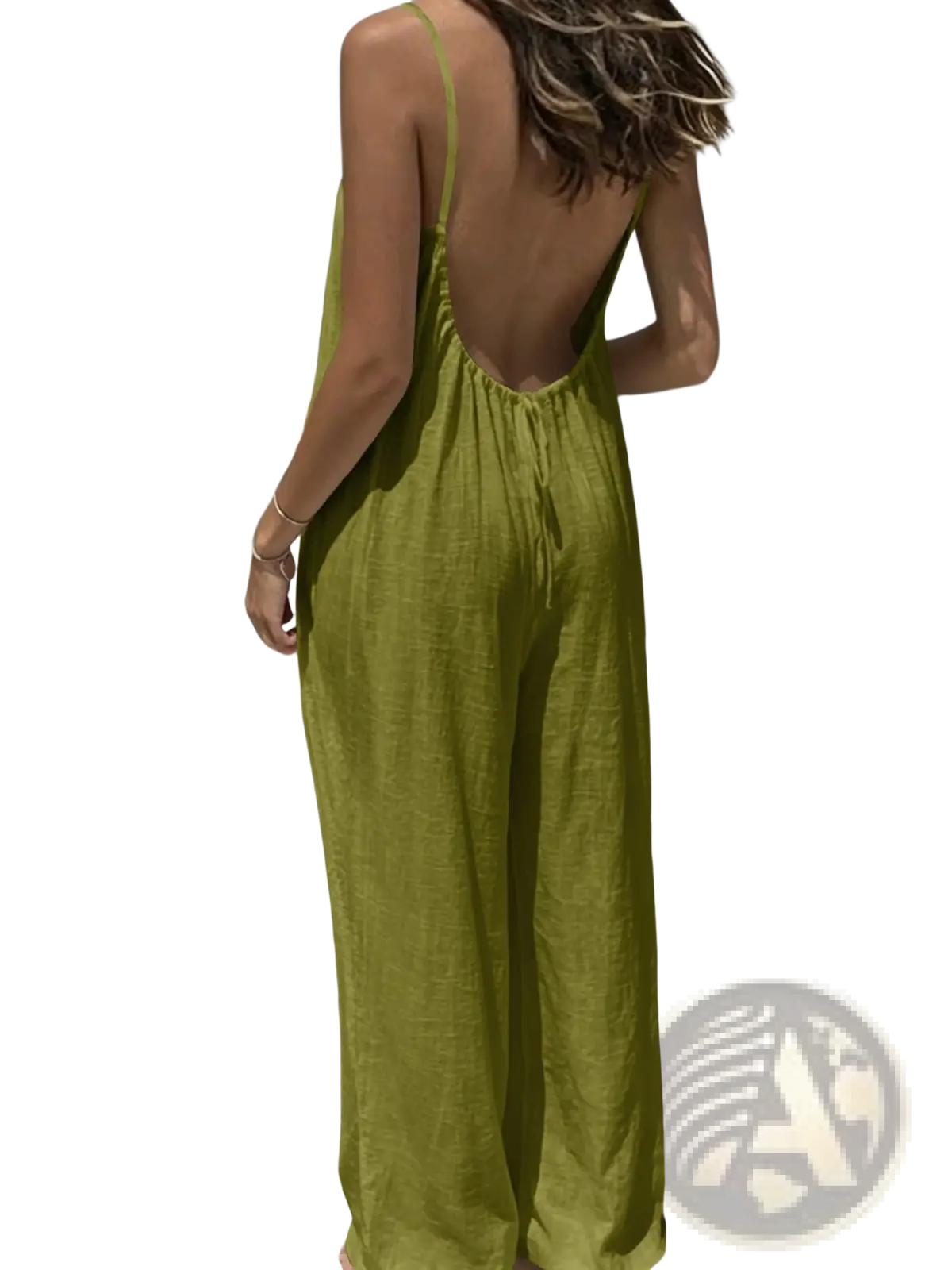 A flowing olive green linen wide leg backless jumpsuit with thin straps shown from the back side