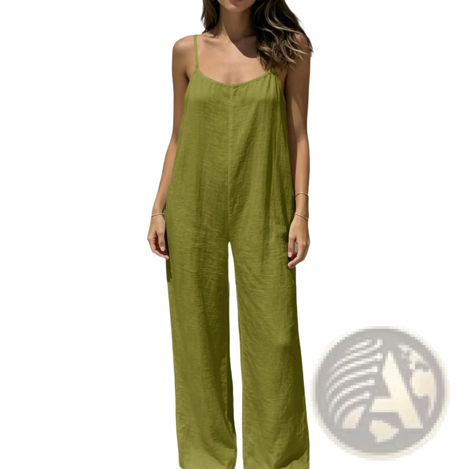 Olive green linen wide leg backless jumpsuit with thin spaghetti straps shown from the back side