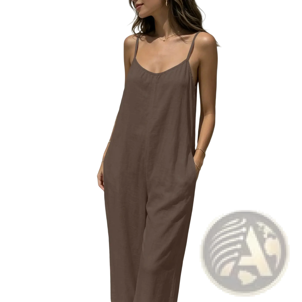 A flowing taupe linen wide leg backless jumpsuit with thin spaghetti straps and a relaxed loose fit shown from the back