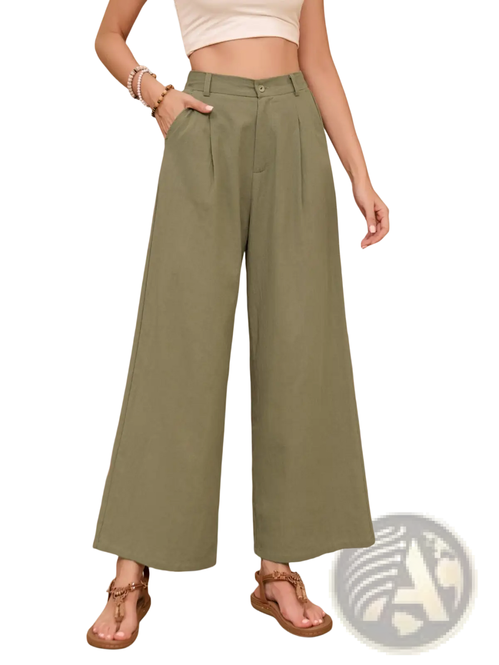 Olive green linen wide leg high waisted pants with pleats and button closure for a stylish look