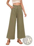 Olive green linen wide leg high waisted pants with pleats and button closure for a stylish look