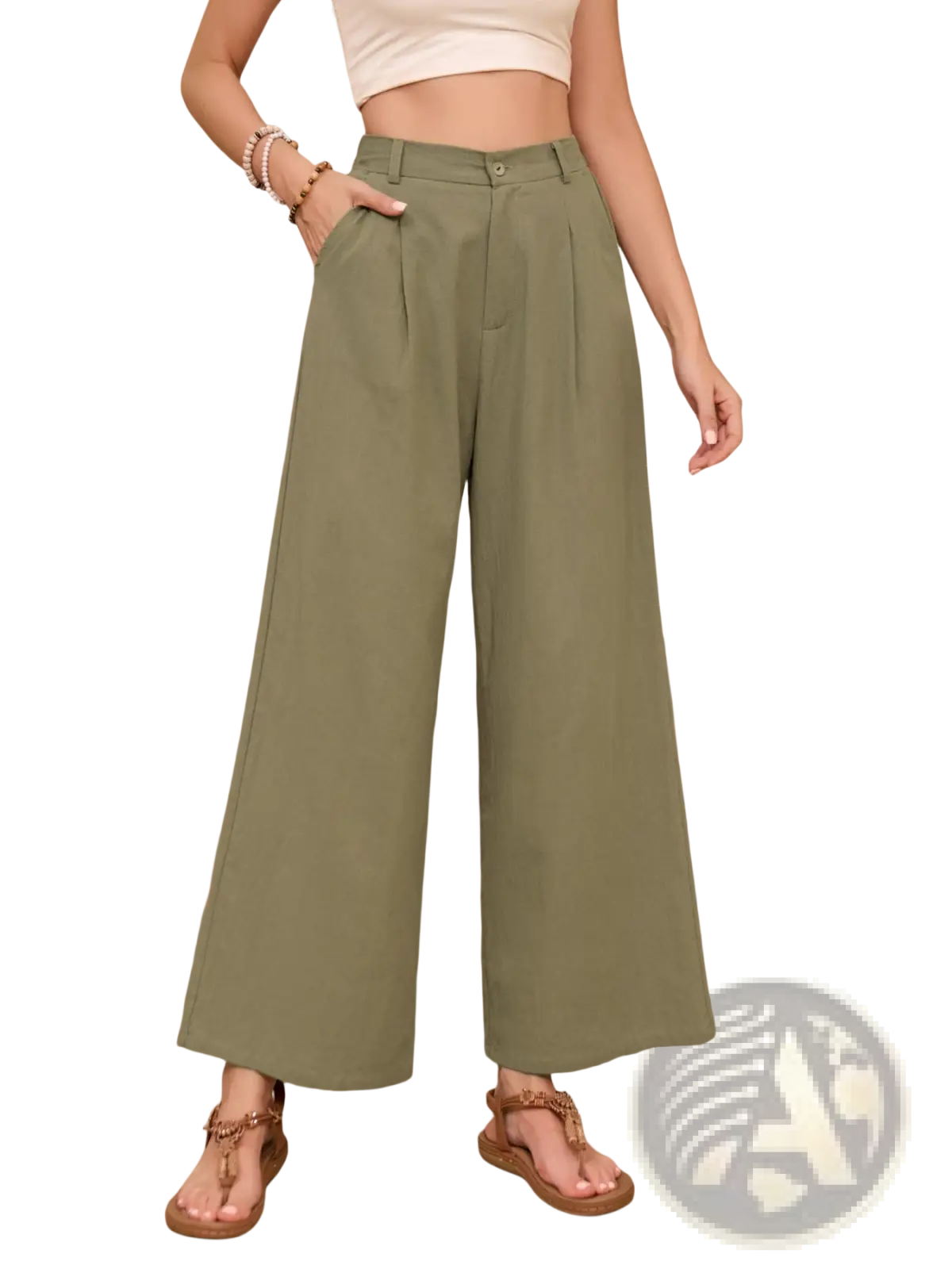 Olive green linen wide leg high waisted pants with pleats and button closure for a stylish look