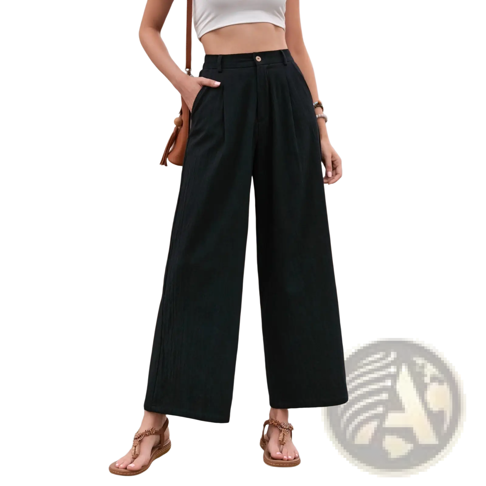 Black linen wide leg high waisted trousers with pleated front and button closure for a polished look