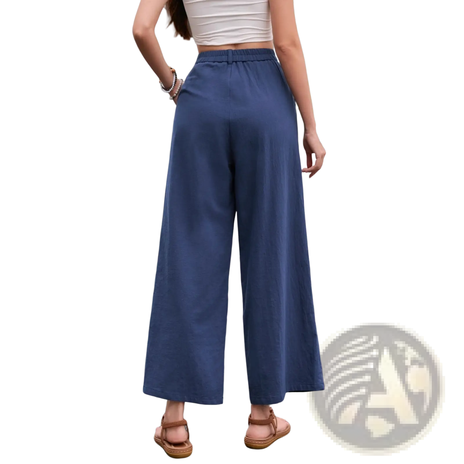 Navy blue linen wide leg high waisted pants with elastic waistband for comfortable stylish wear