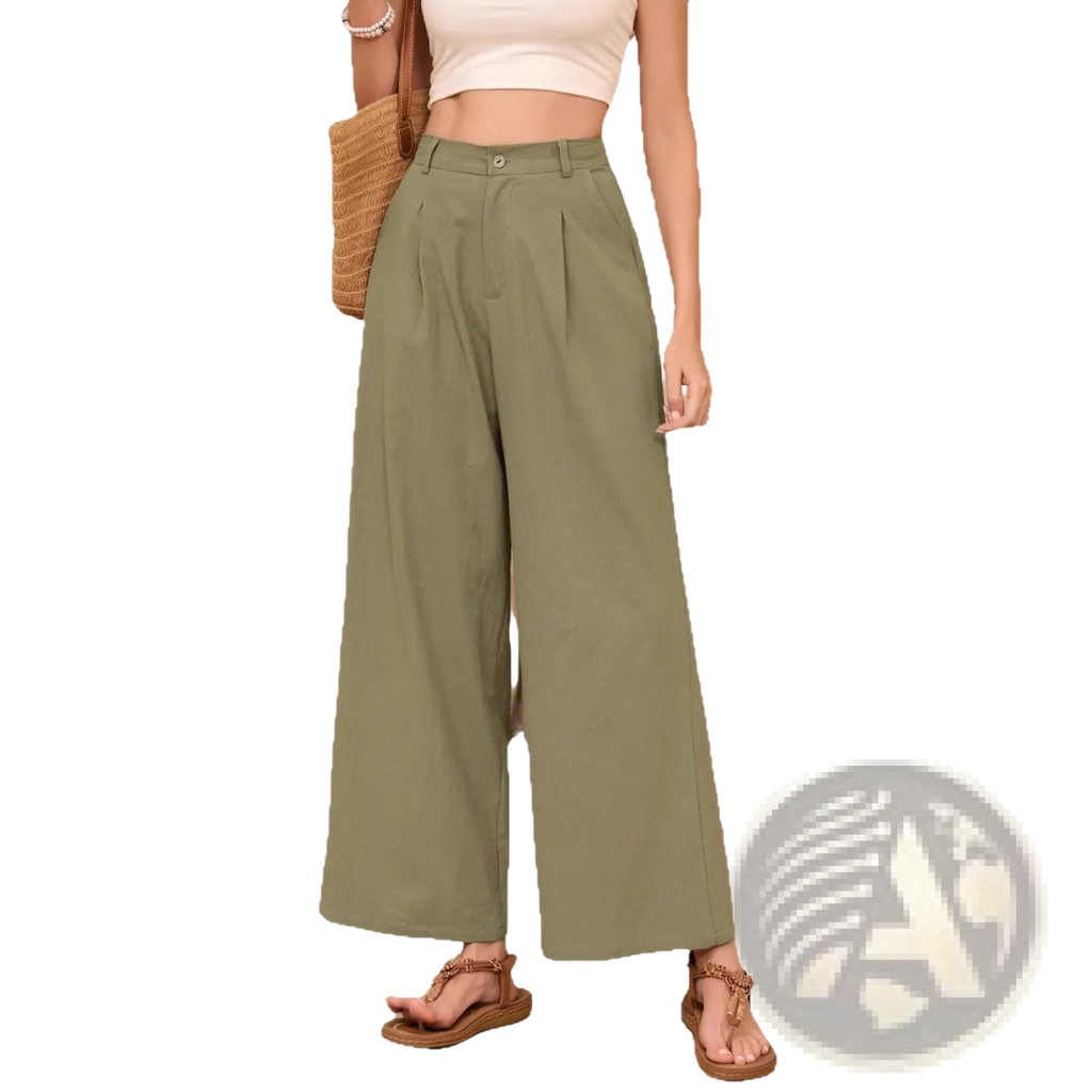 Olive green linen wide leg high waisted pants with pleated front for a stylish and comfortable look