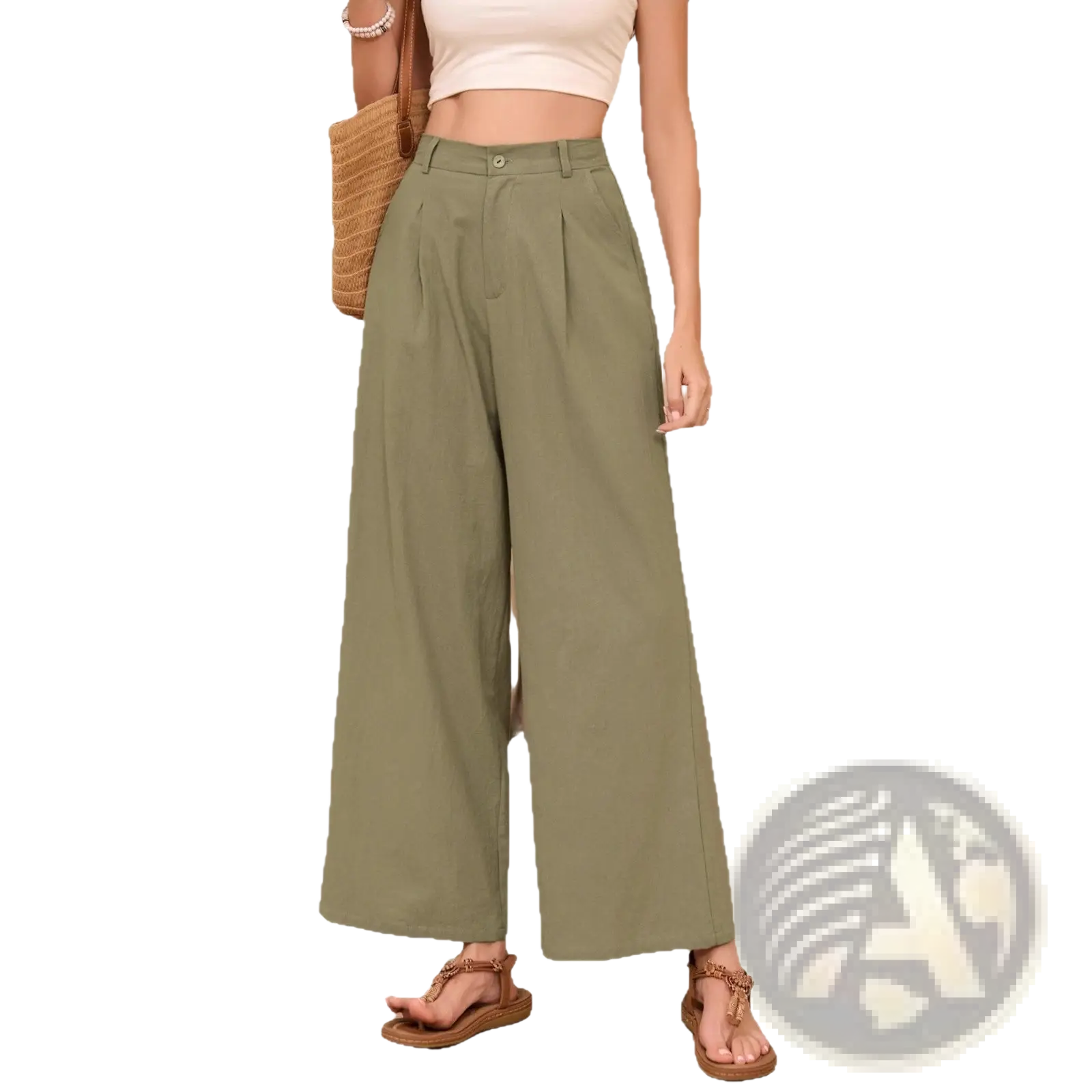 Olive green linen wide leg high waisted pants with pleated front for a stylish and comfortable look