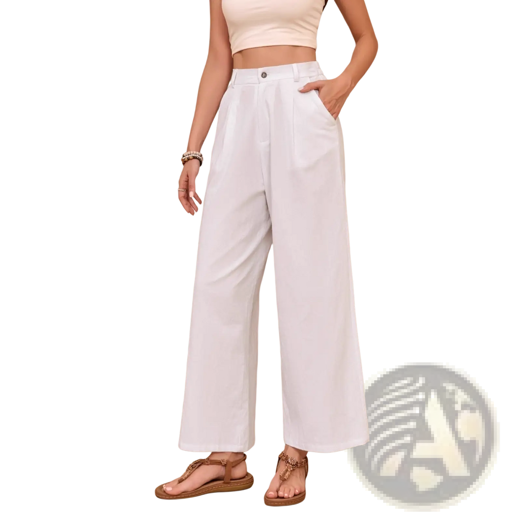 White linen wide leg high waisted pants featuring a clean minimalist design ideal for stylish casual wear