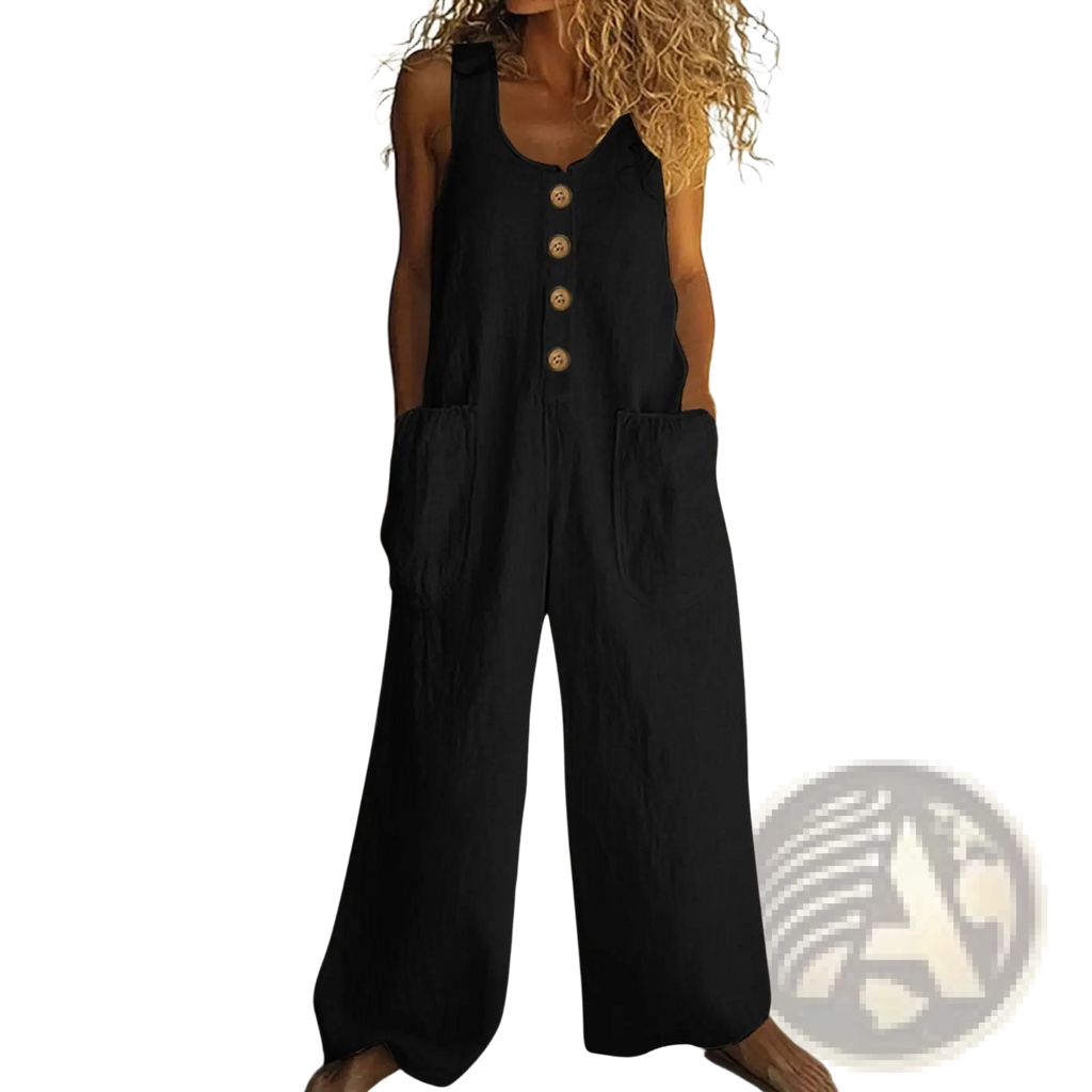 Black linen sleeveless wide leg jumpsuit with wooden buttons and large side pockets for stylish comfort