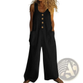 Black linen sleeveless wide leg jumpsuit with wooden buttons and large side pockets for stylish comfort