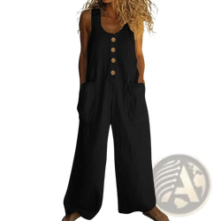 Black linen sleeveless wide leg jumpsuit with wooden buttons and large side pockets for stylish comfort