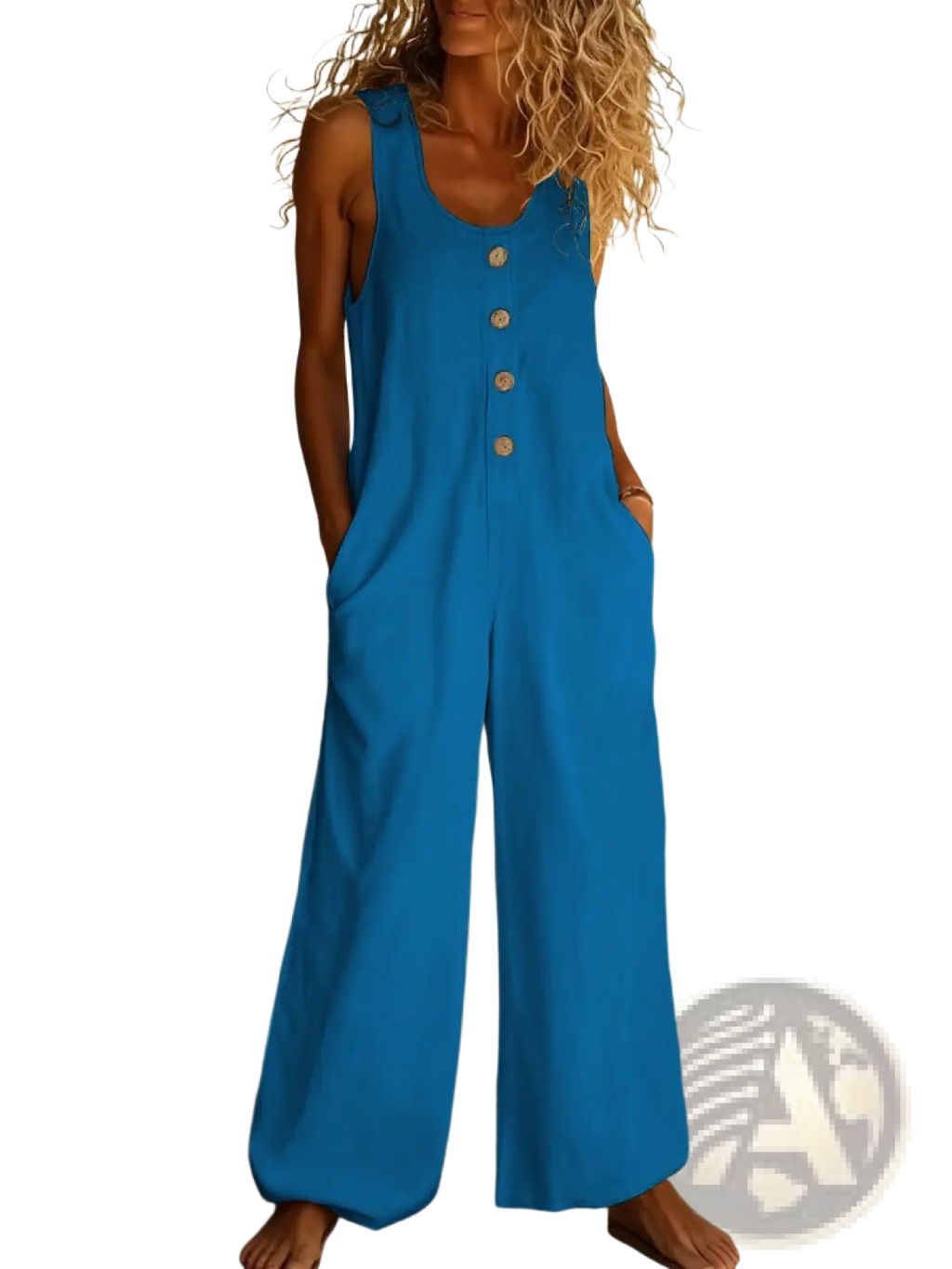 Bright blue linen wide leg jumpsuit with sleeveless design and button front for stylish summer wear