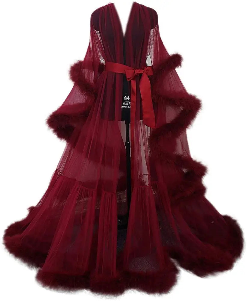 Luxurious burgundy tulle bridal robe with plush fur trim and matching satin belt nightgown detail