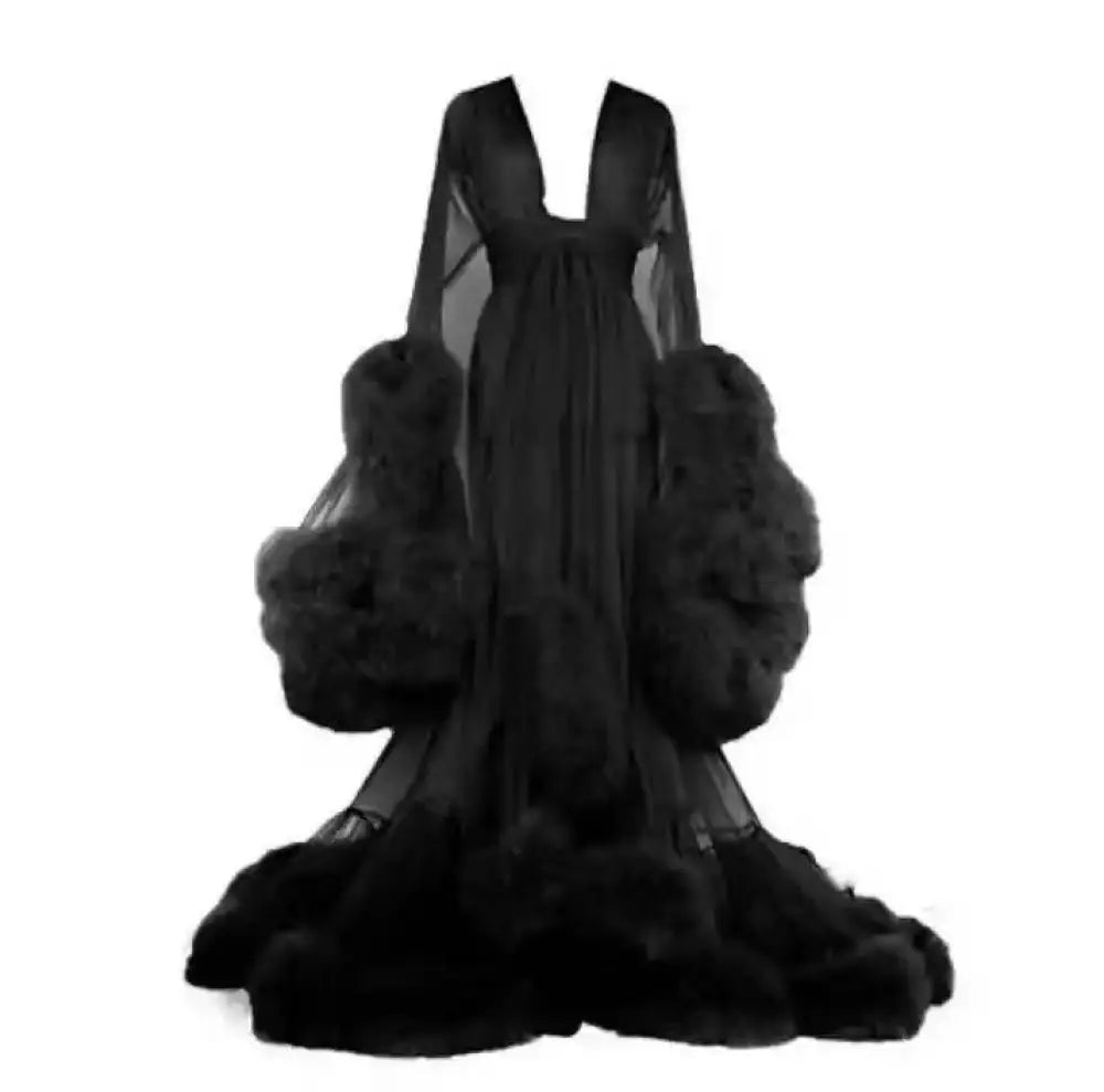 Luxurious black tulle bridal robe nightgown with sheer long sleeves and voluminous fluffy fur cuffs