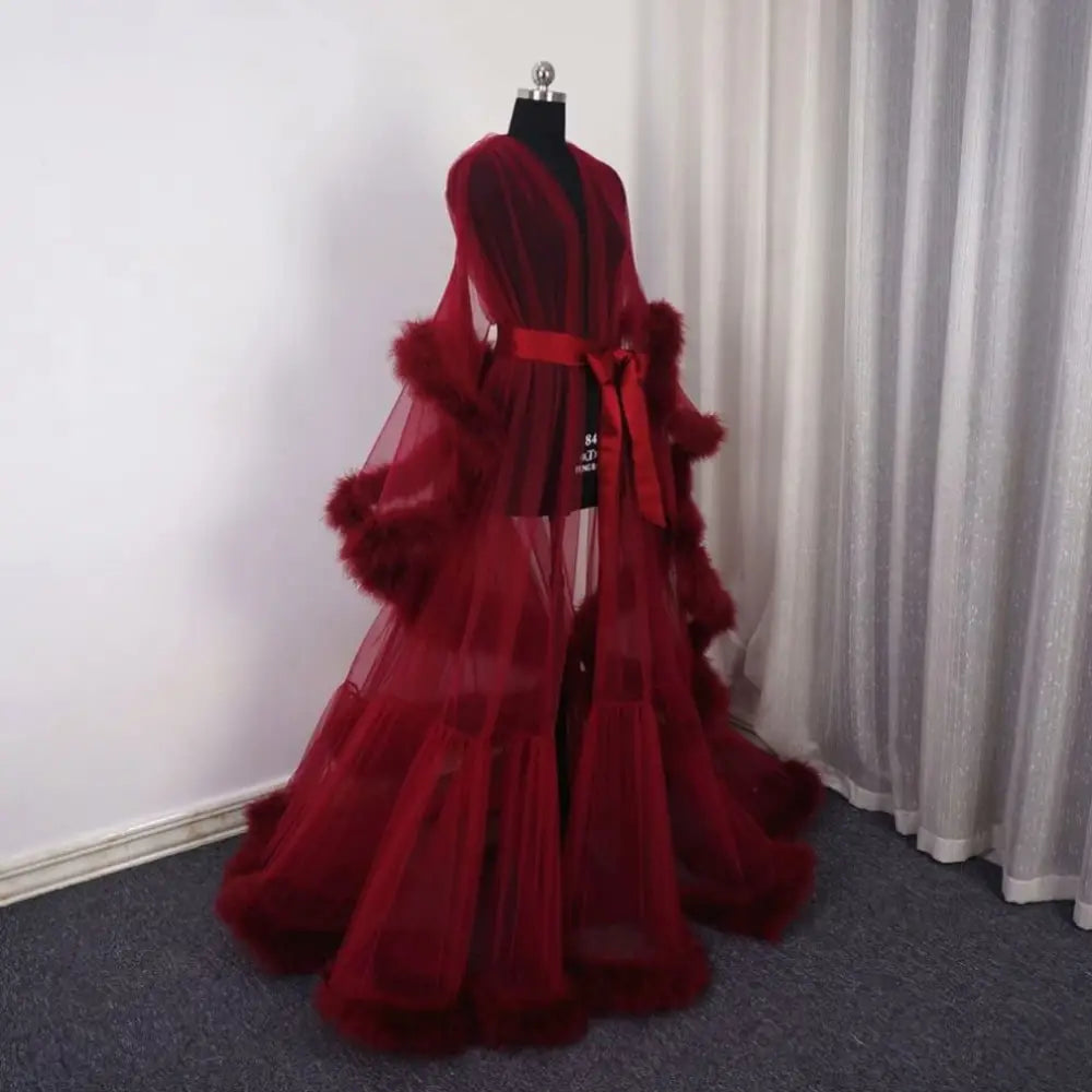 Luxurious deep red tulle bridal robe nightgown with fluffy fur trim on sleeves and hemline