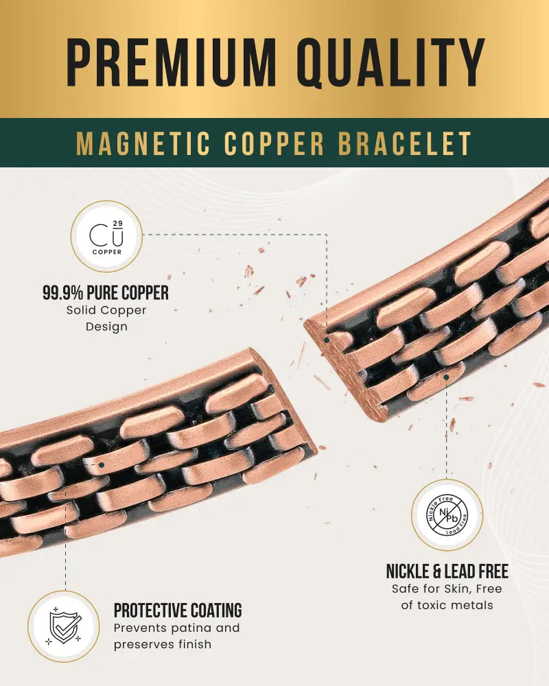 A sleek copper link chain magnetic therapy cuff bracelet with interlocking design and protective coating