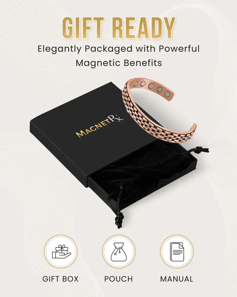 Rose gold link chain copper magnetic therapy cuff bracelet with a woven metal design for pain relief